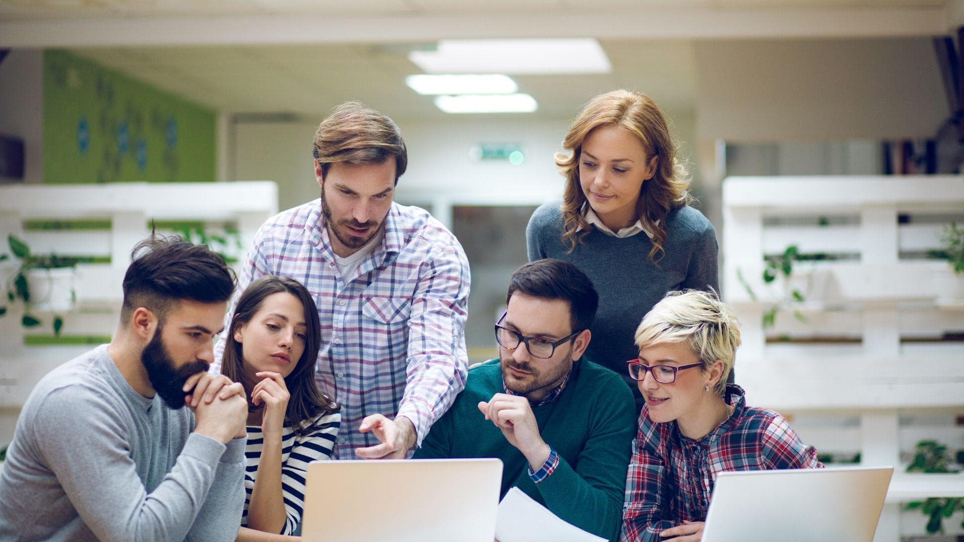 A team collaborating around laptops in a bright modern office.