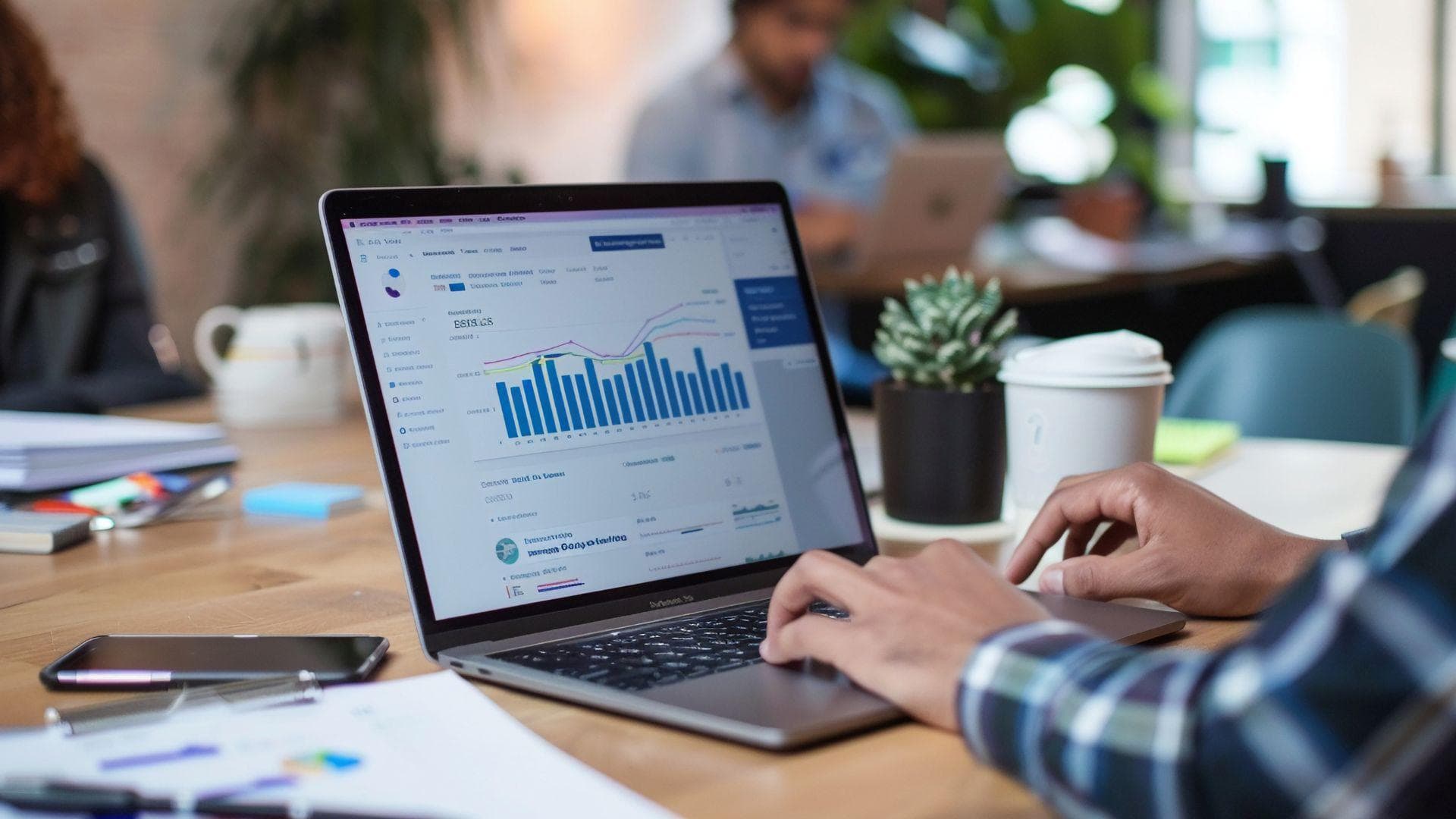 An analyst reviewing data dashboards and charts on a laptop.