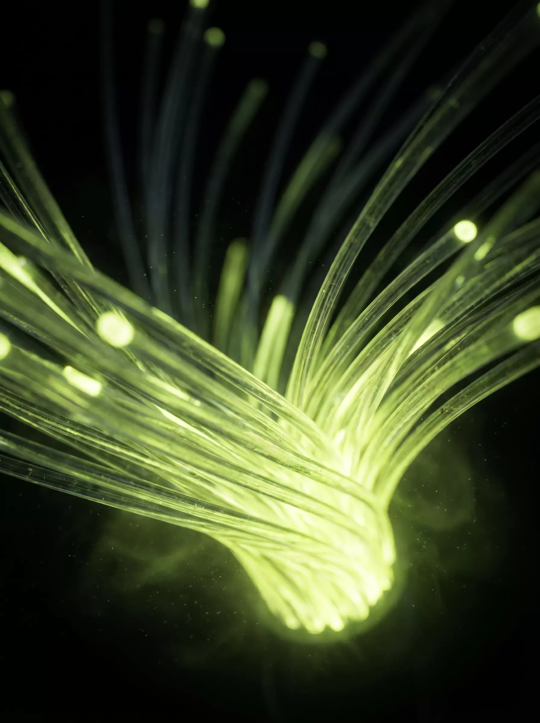Glowing fiber-optic cables converging in the dark with lime-green light pulses traveling along the strands.